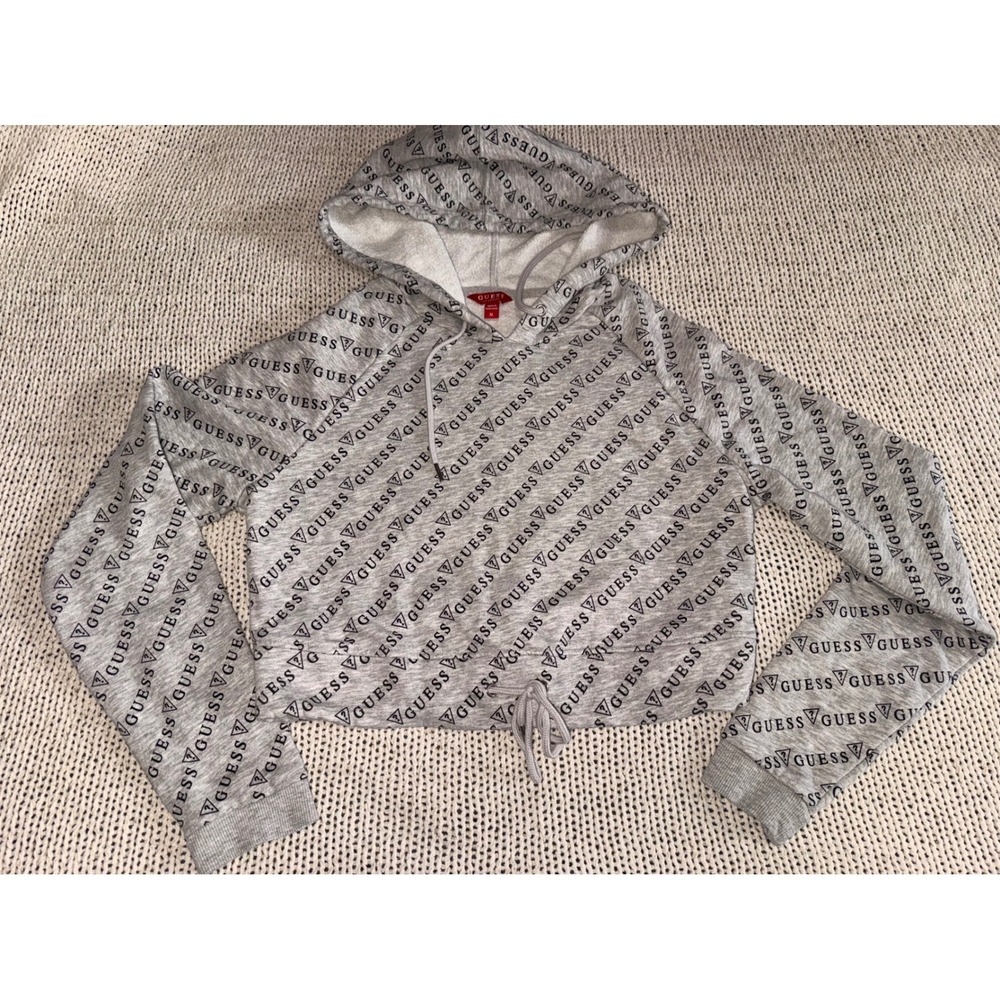 Guess Los Angeles Women Gray All Over Logo Print Cropped Hoodie Sweatshirt M